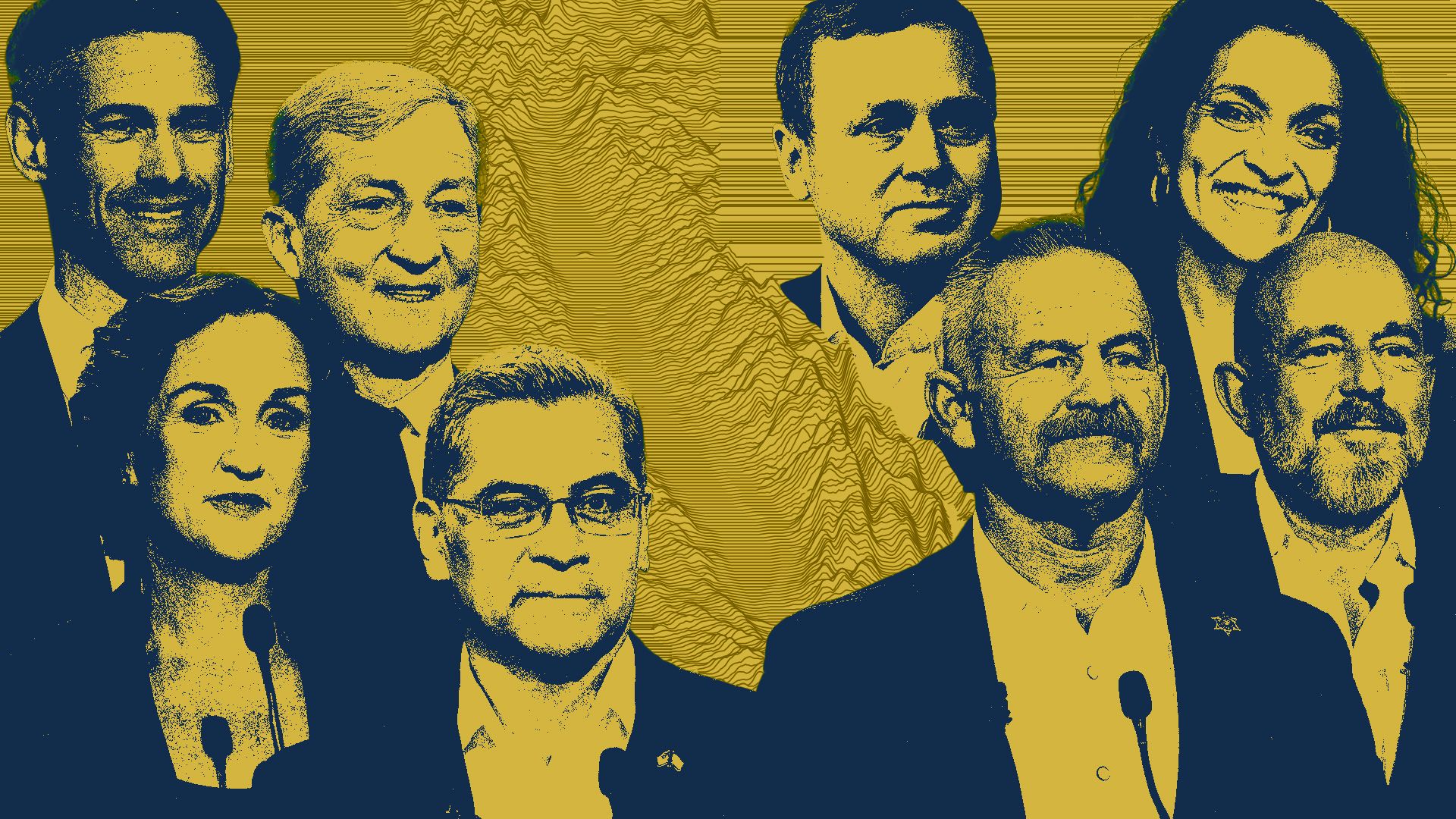 Photo illustrated collage of a topographic map of California surrounded by photos of Xavier Becerra, Tom Steyer, Katie Porter, Matt Mahan, Steve Hilton, Chad Bianco, Spencer Pratt, and Nithya Raman.