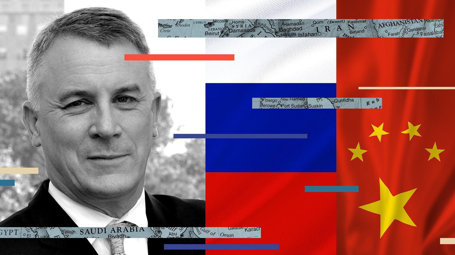 Photo Illustration of Michael Doran with a map of the Middle East, and Russian and Chinese flags.