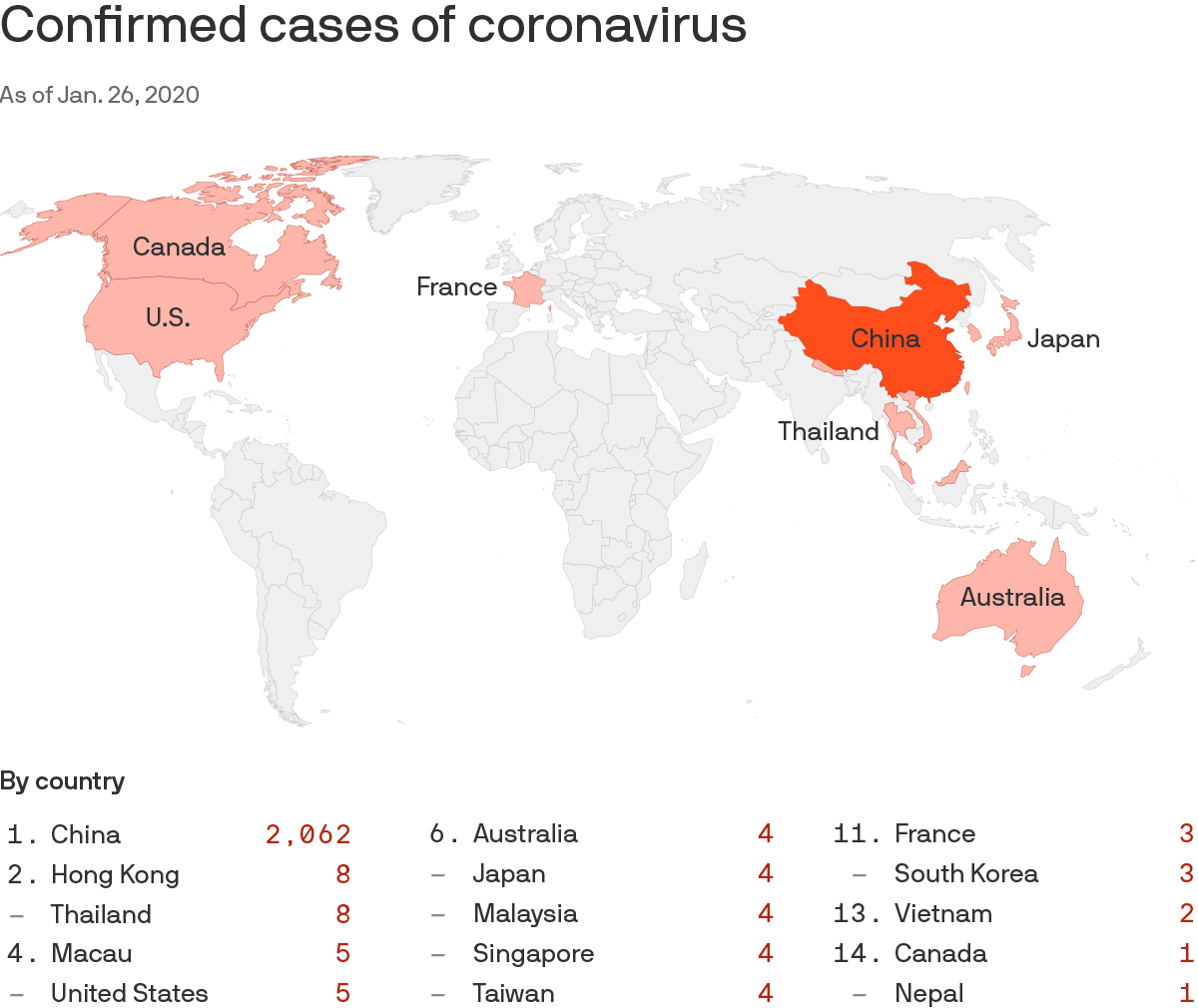 Map showing global COVID-19 cases on Jan. 26, 2020 and Jan. 25, 2021