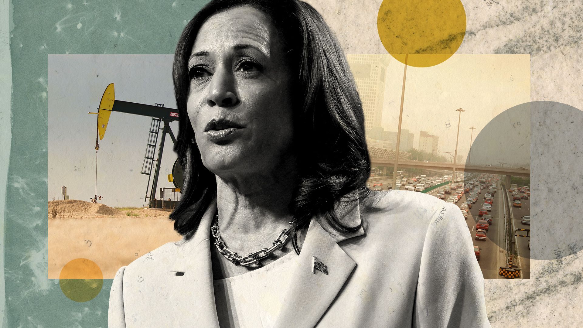 Photo illustration of Kamala Harris collaged with abstract shapes, cars, and oil wells. 