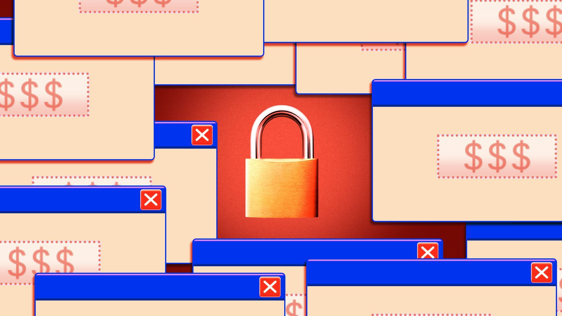 Illustration of popup screens with dollar signs on them surrounding a closed lock