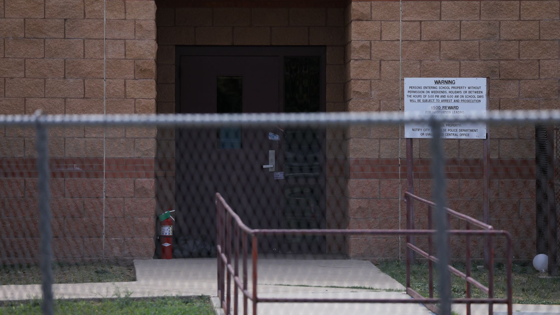 A view at the entrance of Robb Elementary School, the site of the May 24th mass shooting on May 30, 2022 in Uvalde, Texas.