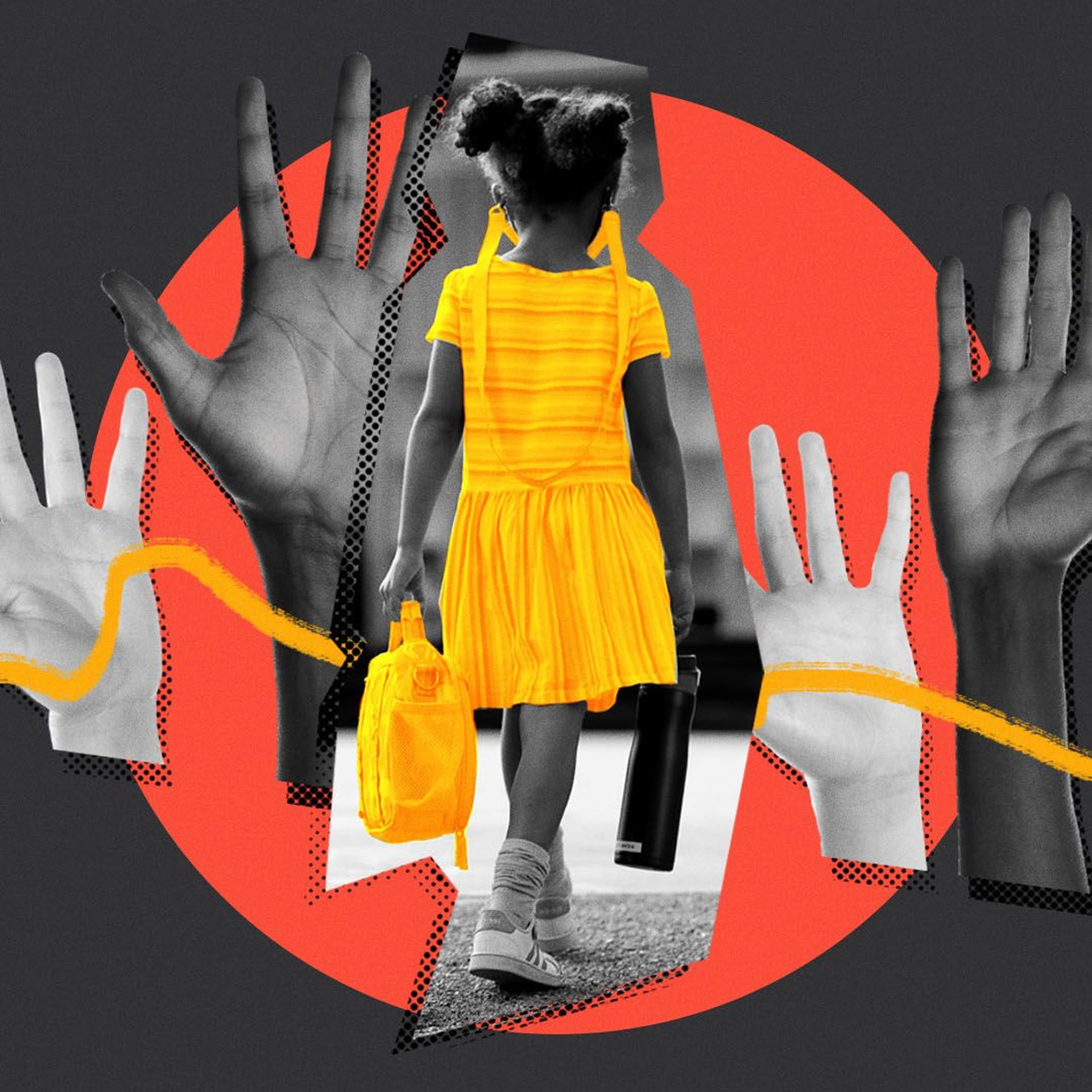 Photo illustration of a little girl walking to school with student's hands raised in the air