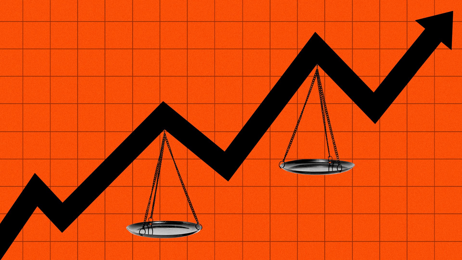 Illustration of uneven scales of justice hanging from an upward trending profit line. 