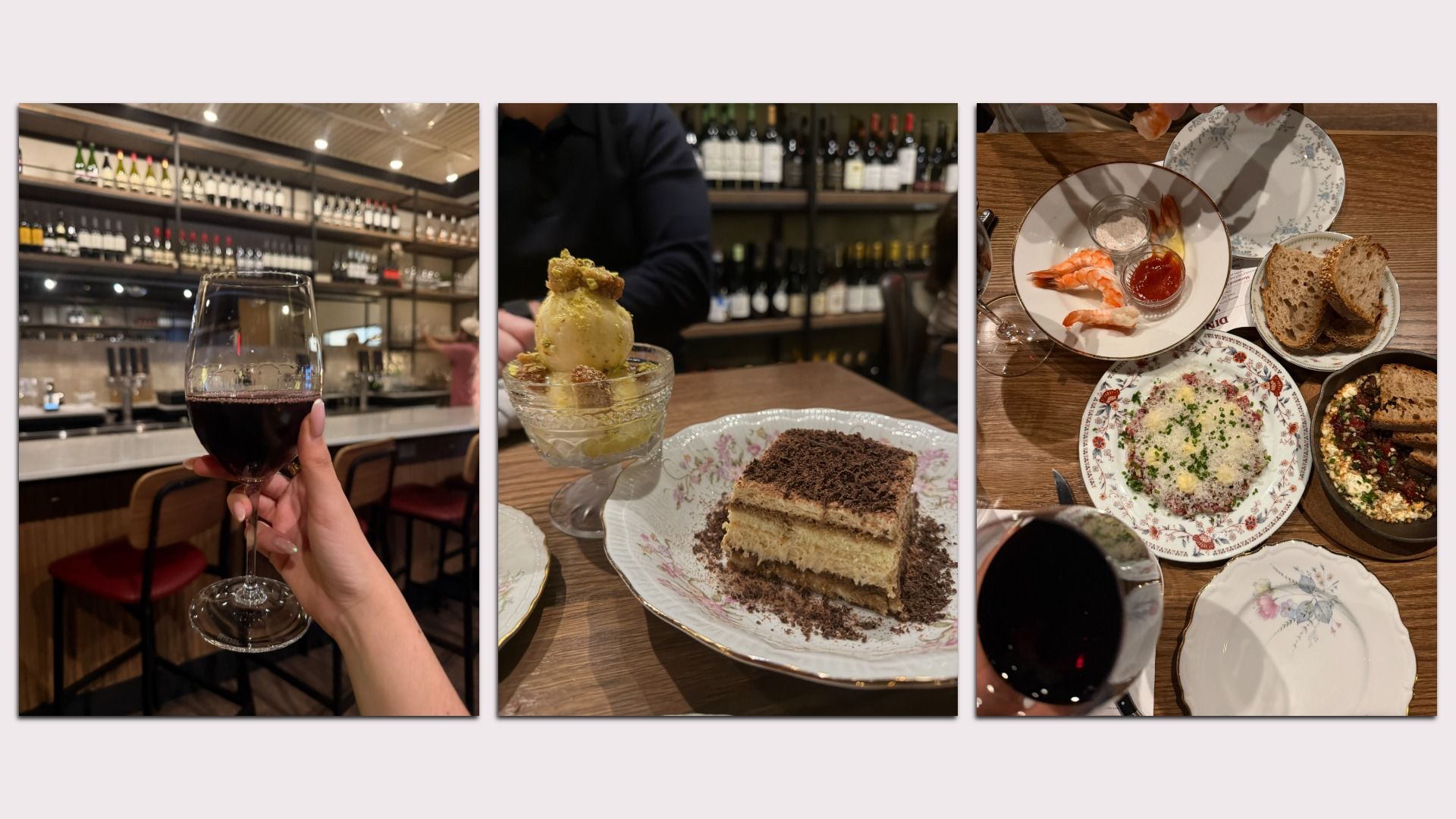 Triptych of dining scenes: left a hand holding red wine at a bar; center a dessert plate with layered cake and ice cream; right a top-down table with shrimp, bread, risotto, and wine on floral china.