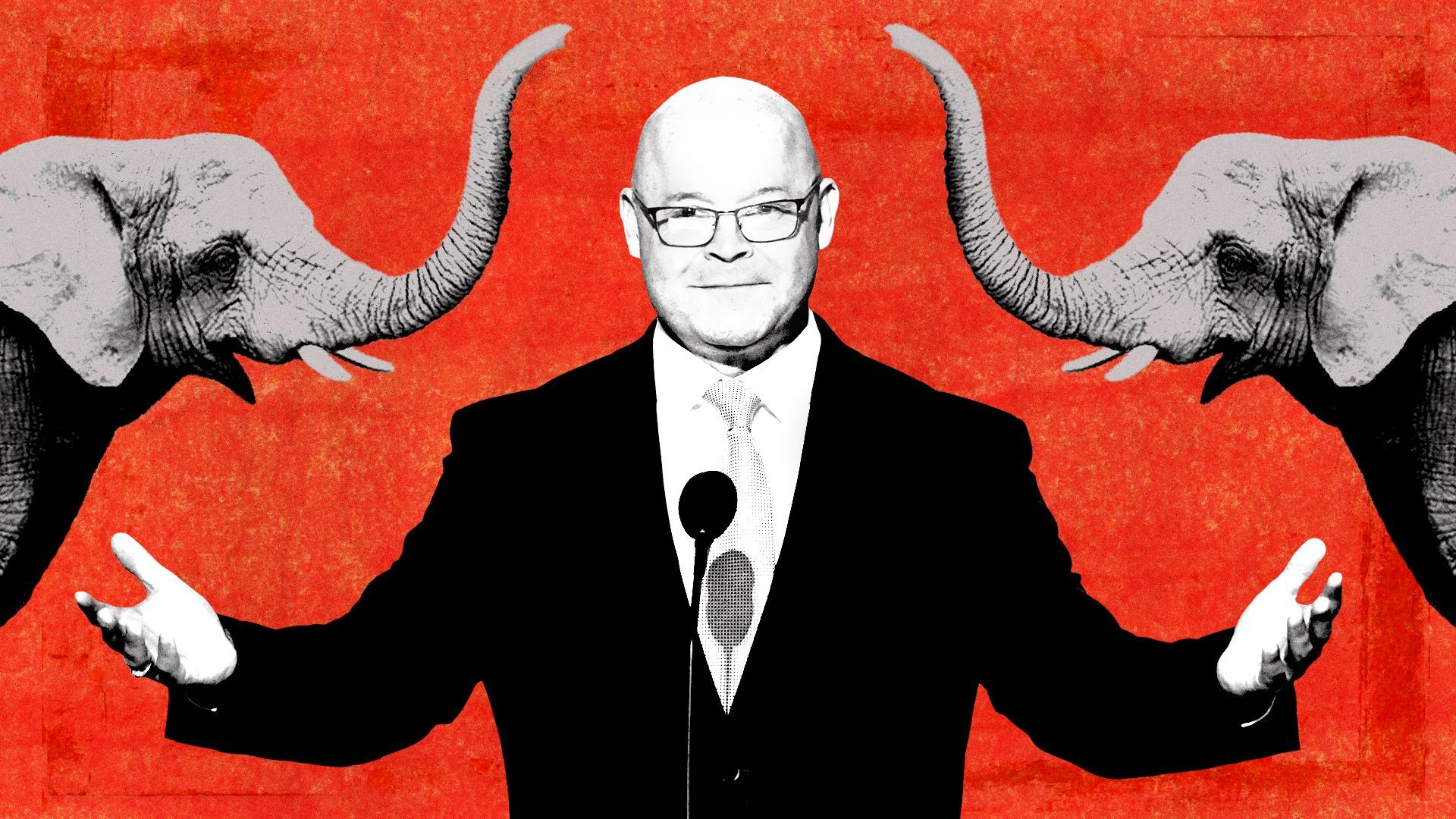 Photo illustration of Sean O'Brien flanked by two elephants.