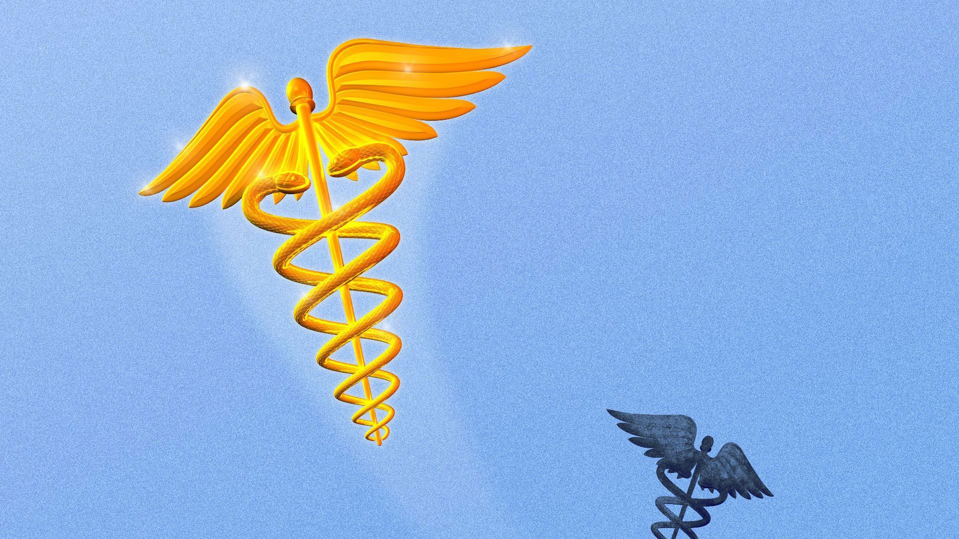 Illustration of a large golden caduceus beside a tiny stone caduceus