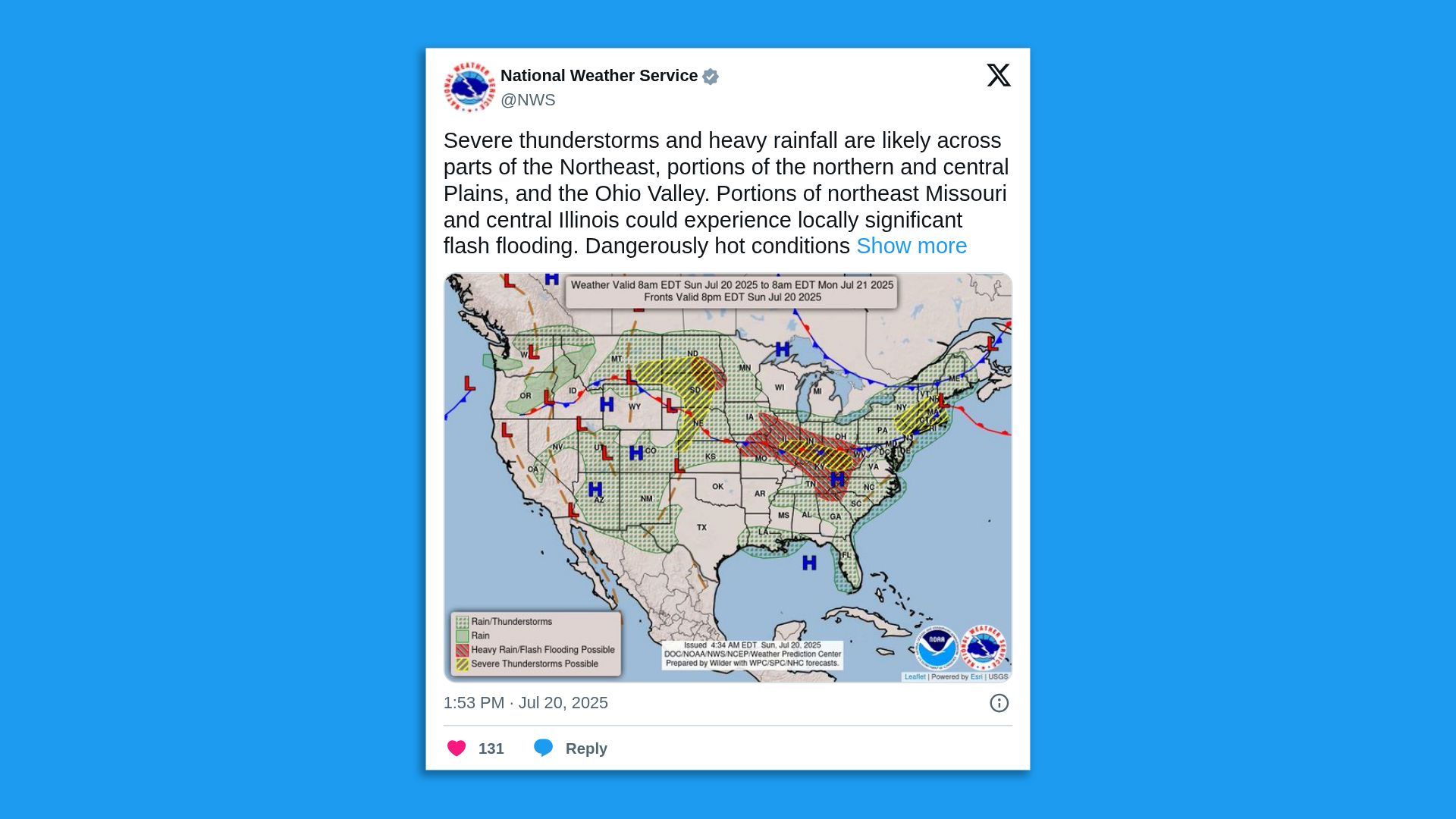 A screenshot of an NWS map of the US showing weather hazards, saying in part: "Severe thunderstorms and heavy rainfall are likely across parts of the Northeast, portions of the northern and central Plains, and the Ohio Valley."