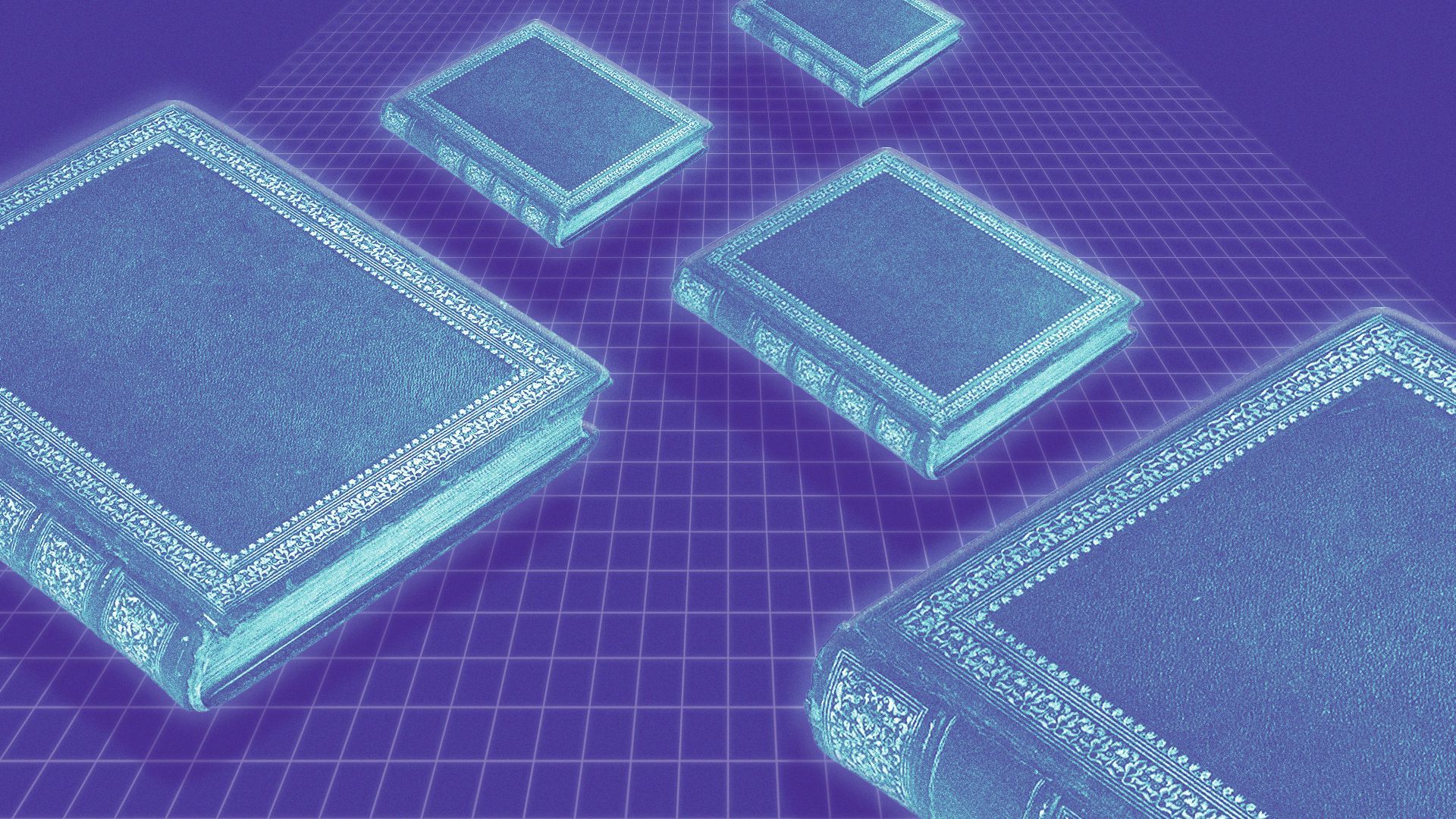 Illustration of books floating above a digital grid.