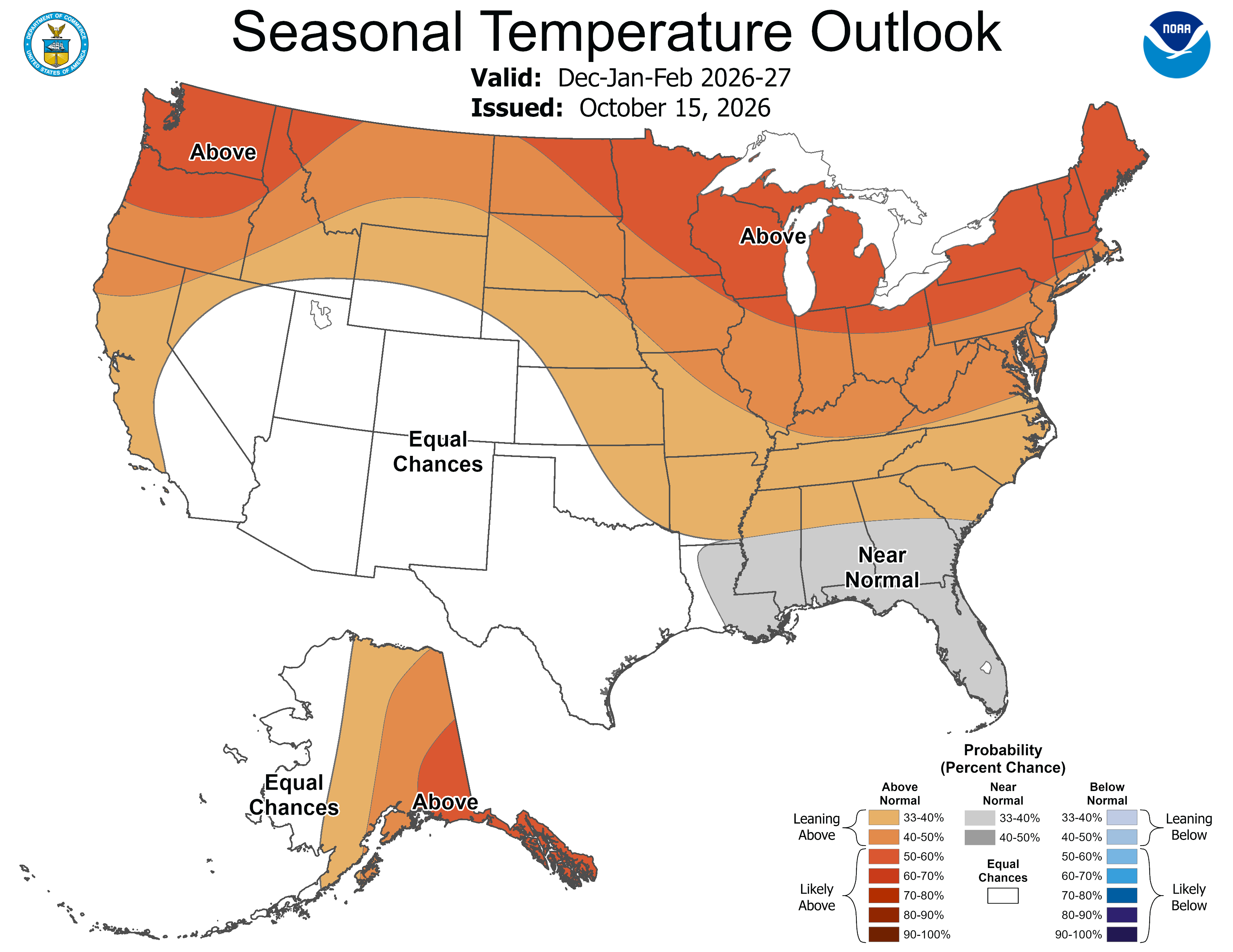 NOAA Seasonal Temperature Outlook map for Dec–Jan–Feb 2026–27. U.S. shaded orange to red for above‑normal temperatures; shows "Equal Chances" regions and a legend; issued Oct 15, 2026.