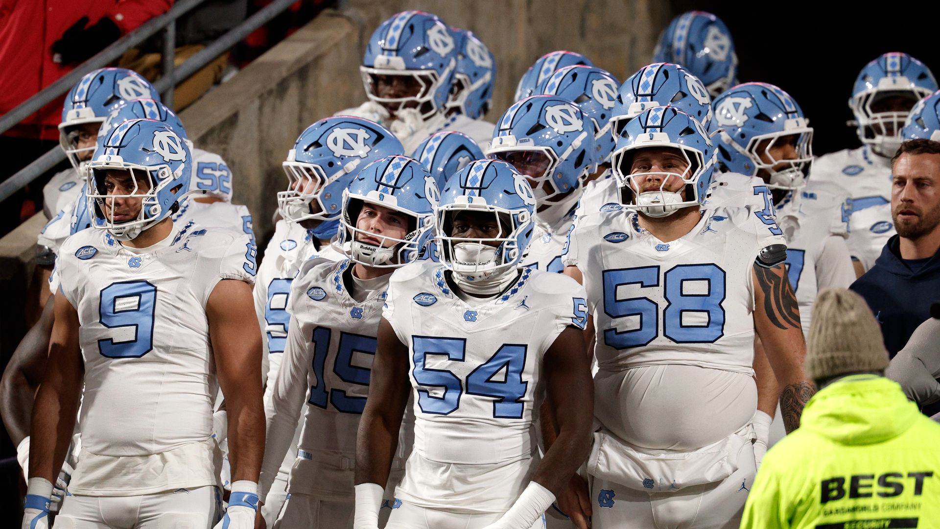 RALEIGH, NORTH CAROLINA - NOVEMBER 29: Players of the North Carolina Tar Heels prepare to take the field prior to the game against the NC State Wolfpack at Carter-Finley Stadium on November 29, 2025 in Raleigh, North Carolina. (Photo by Lance King/Getty Images)