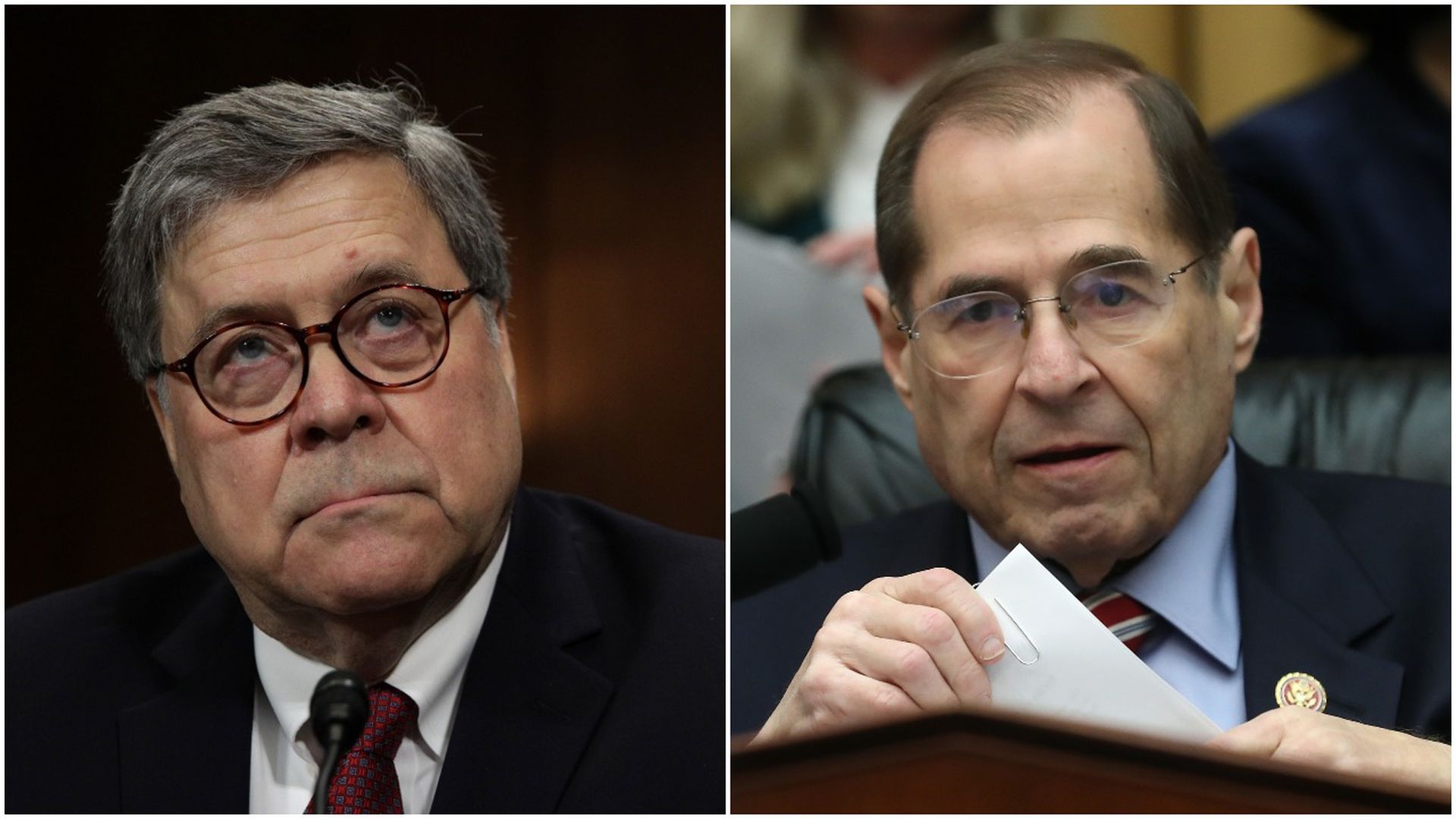 This image is a split screen between Attorney General Bill Barr and Jerry Nadler.