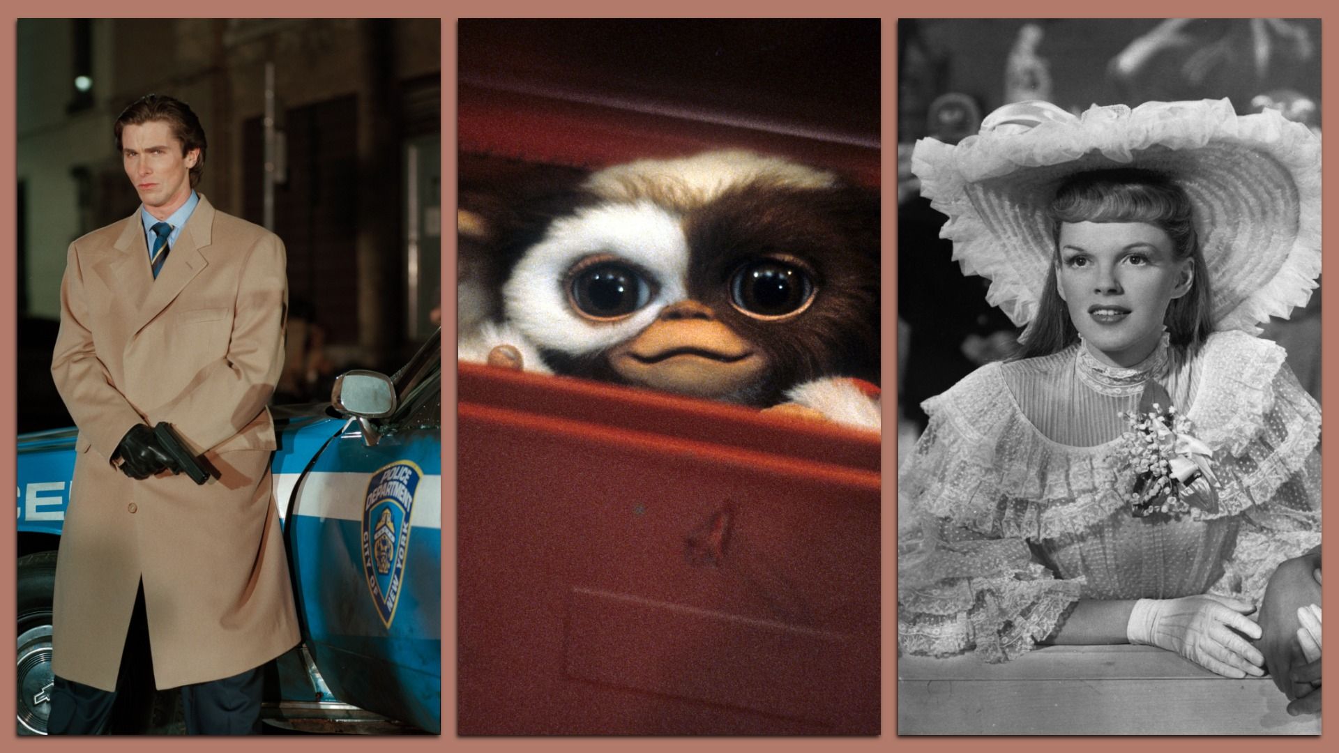 Three photos: One of Christian Bale from American Psycho, one of a cute gremlins creature and one of Judy Garland posing in a fancy dress and hat.