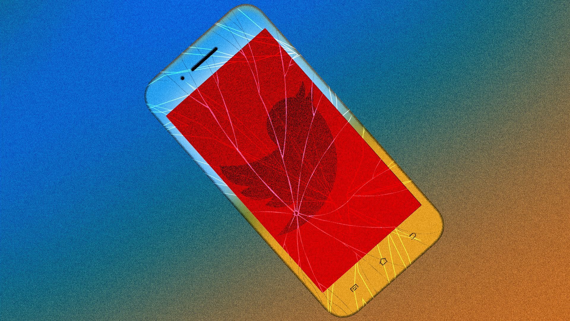 Illustration of a cracked cellphone with the twitter logo in the center