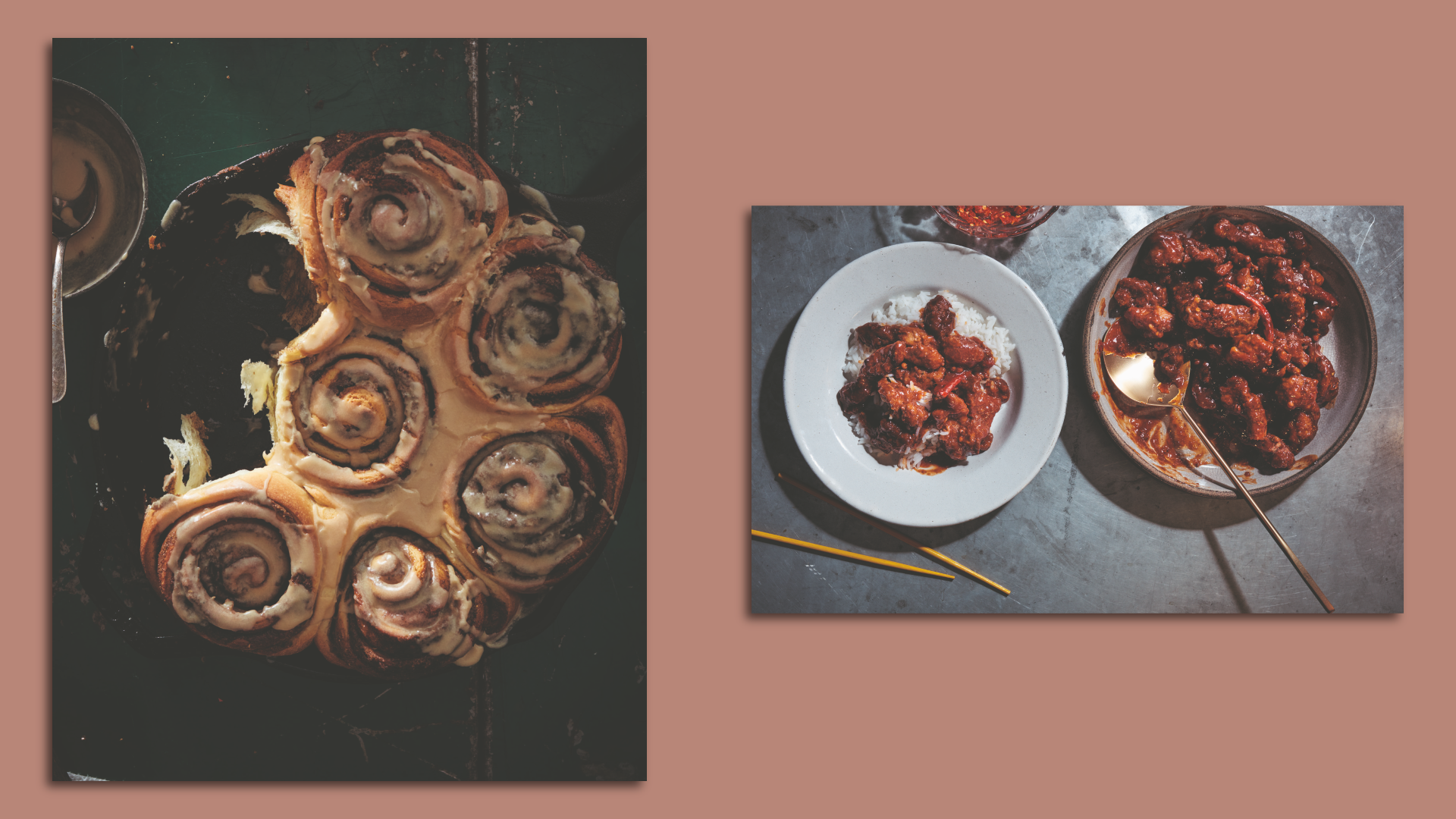 A photo of what looks like cinnamon rolls, with icing on top. A second photo is a dish of delicious-looking chicken glazed with orange sauce.