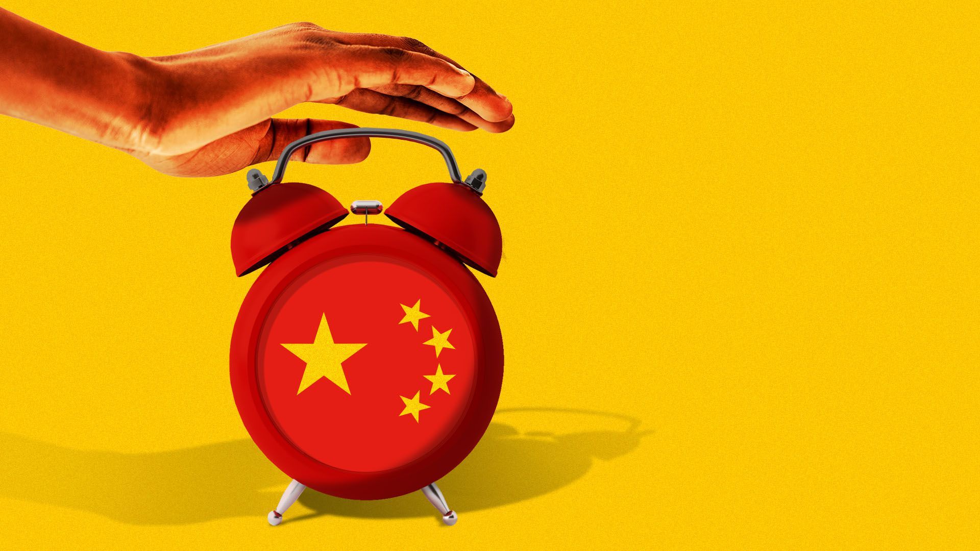 Illustrated of a red alarm clock with a Chinese flag face about to be shut off by a hand