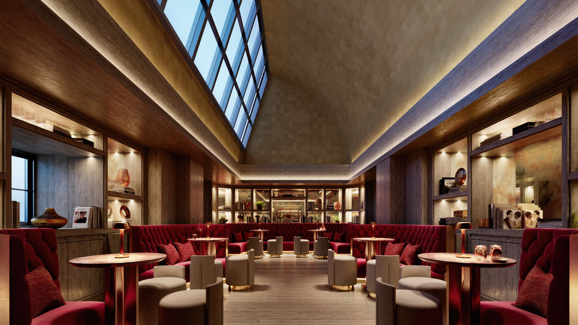 A rendering of a speakeasy with lounge seating and a large skylight.