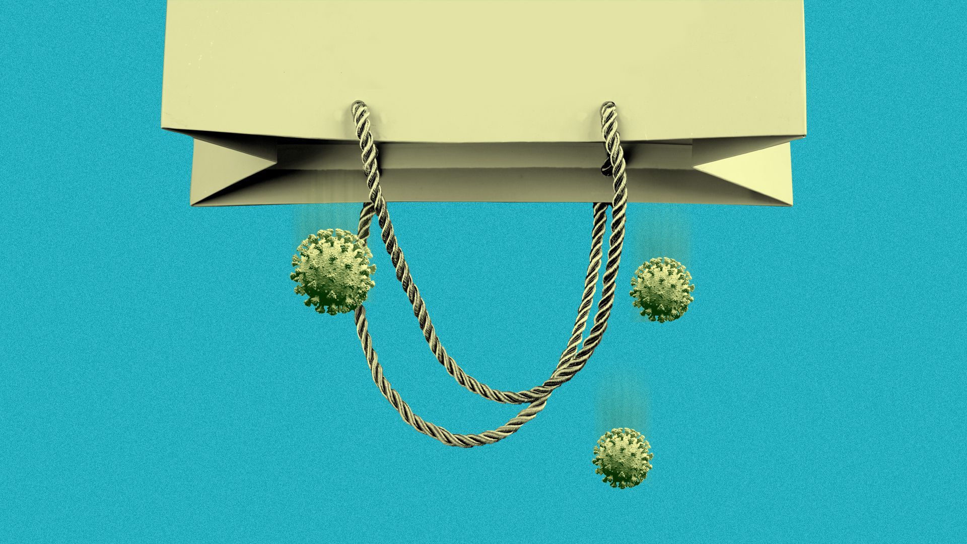 Illustration of an upside down shopping bag with coronavirus particles falling out.