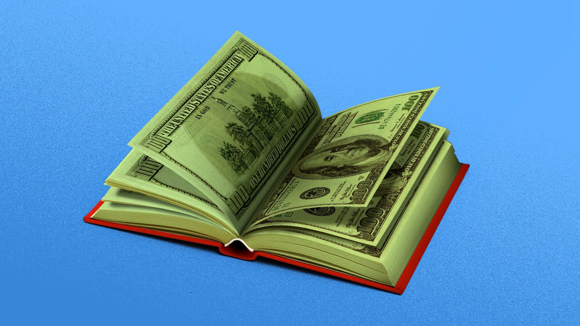 Illustration of a book with the pages made of money.
