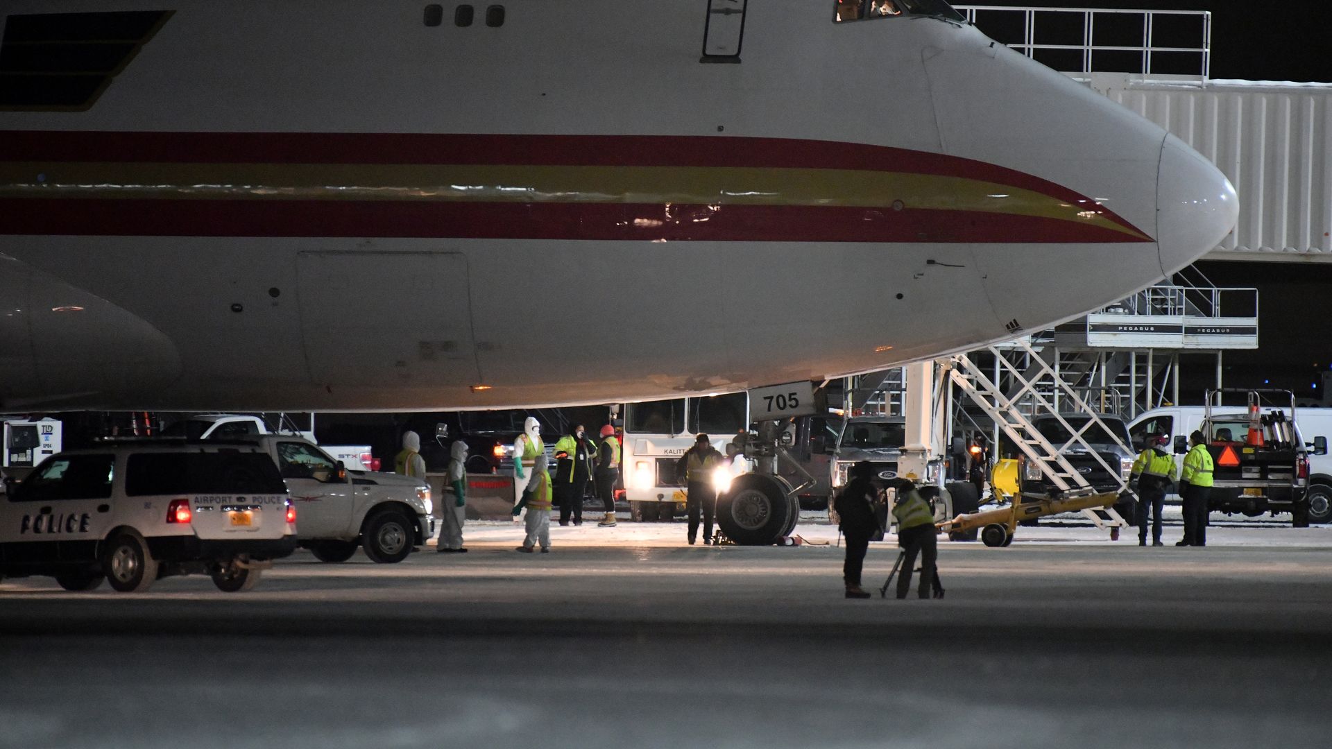 A charter flight from Wuhan, China, arrives at Ted Stevens Anchorage International Airport 