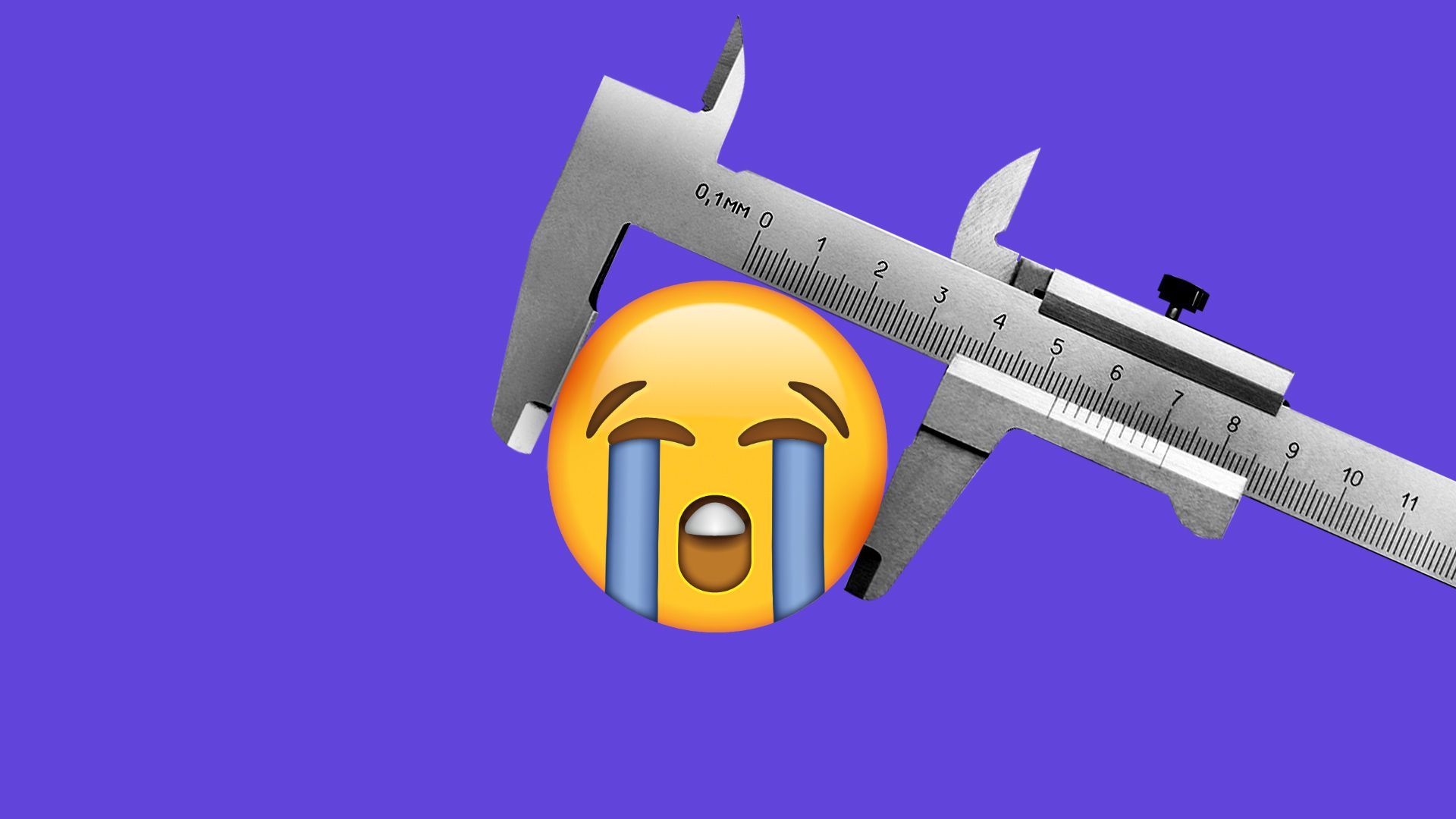 Illustration of the crying face emoji being squeezed in a caliper vice.