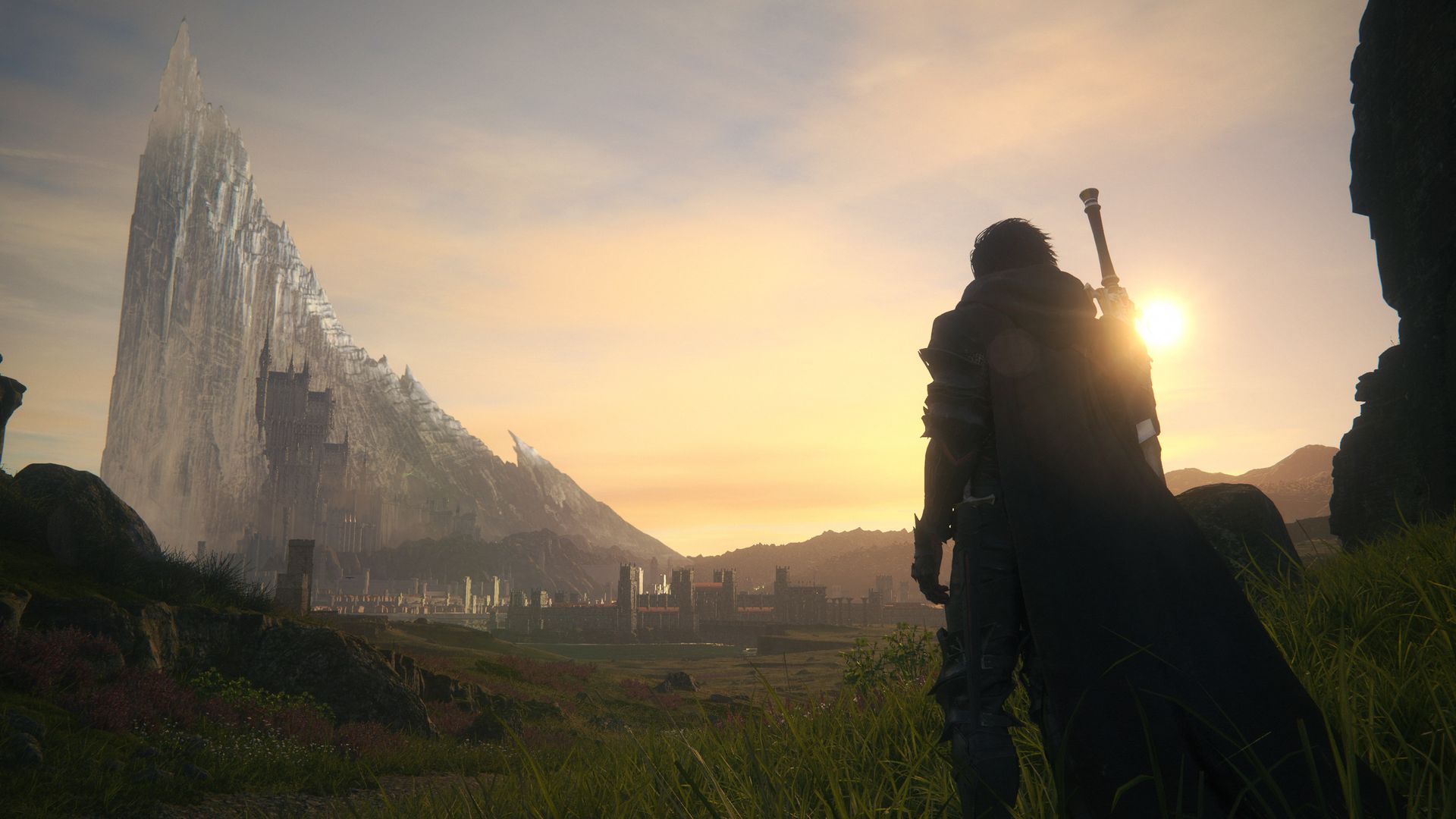 Video game screenshot of a man with a sword and cape looking out at a sunset
