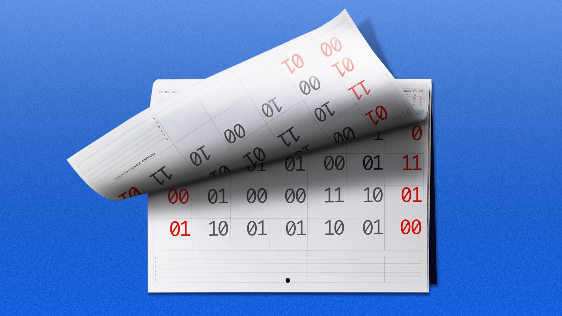 Illustration of a calendar made up entirely of binary code