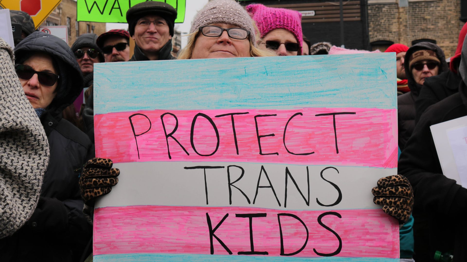 Picture of a sign that says "Protect trans kids"