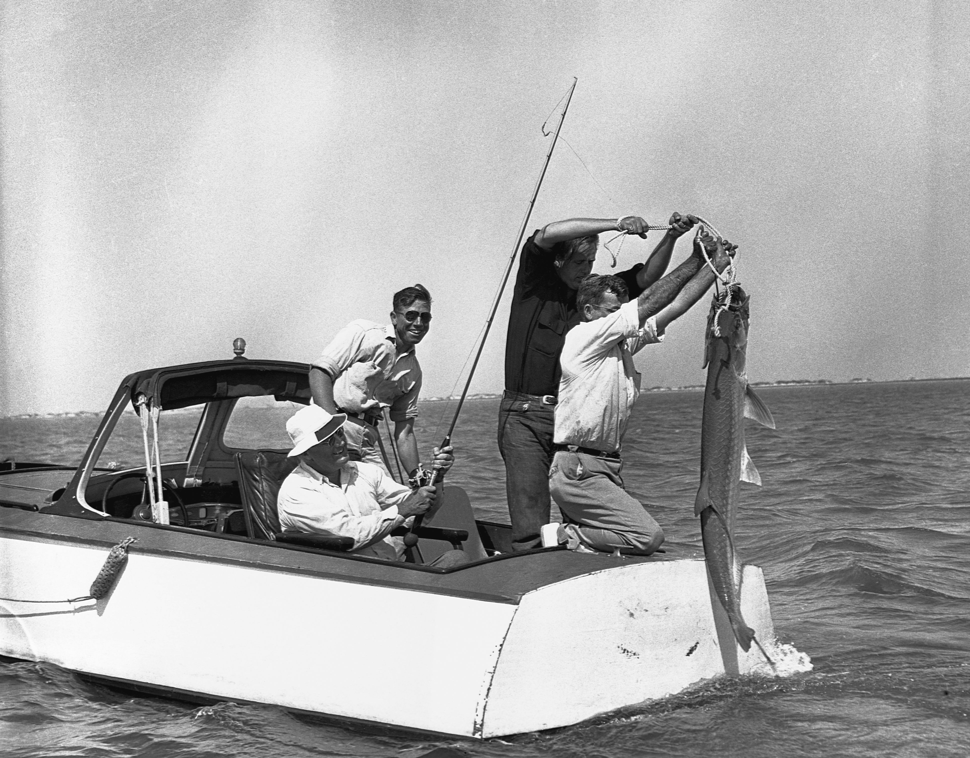 President Franklin Roosevelt catches a 77-pound tarpon in the Gulf of Mexico. His son Elliott (dark shirt) and fishing guide Barney Farley help pull the fish aboard their motorboat. 
