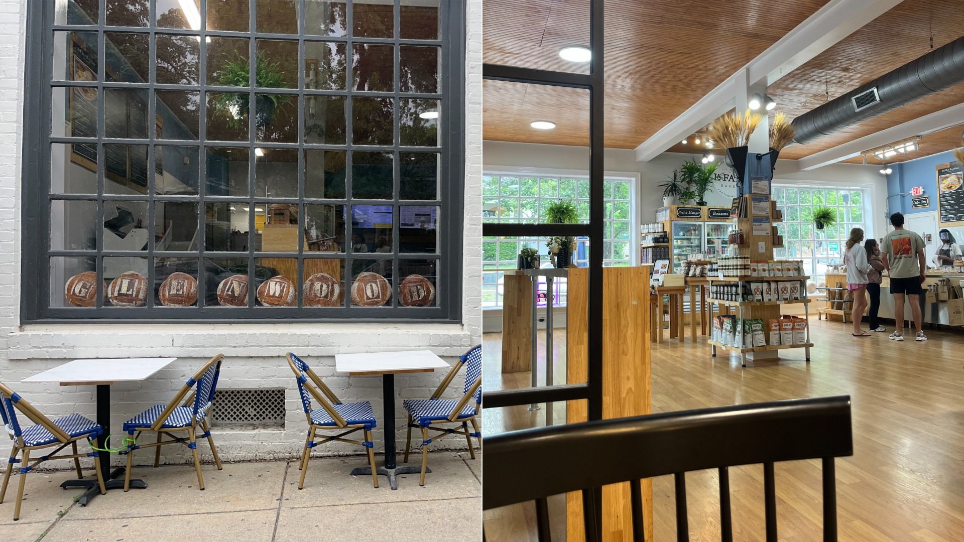 Split view: left shows a white brick storefront with a black grid window and round loaves on the sill spelling out GLENWOOD; blue chairs outside. Right: cafe interior with a wooden ceiling, plants, and customers at the counter.