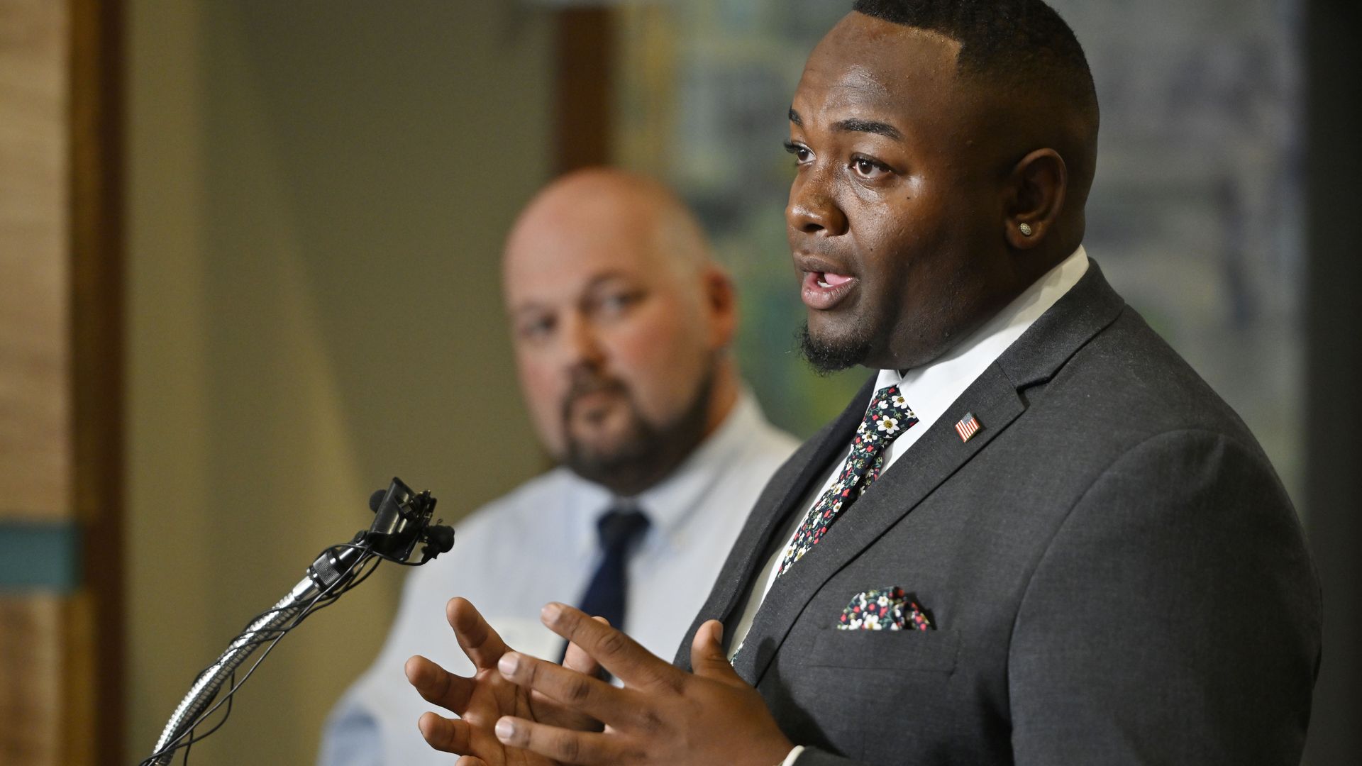 Denver School Board vice president Auon'tai Anderson answers questions during a press conference announcing a plan to return resource officers May 31. Photo: Eric Lutzens/Denver Post via Getty Images