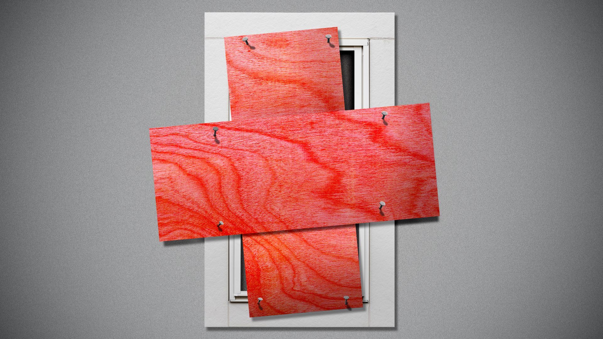 Illustration of a boarded-up window; the boards form a red cross. 