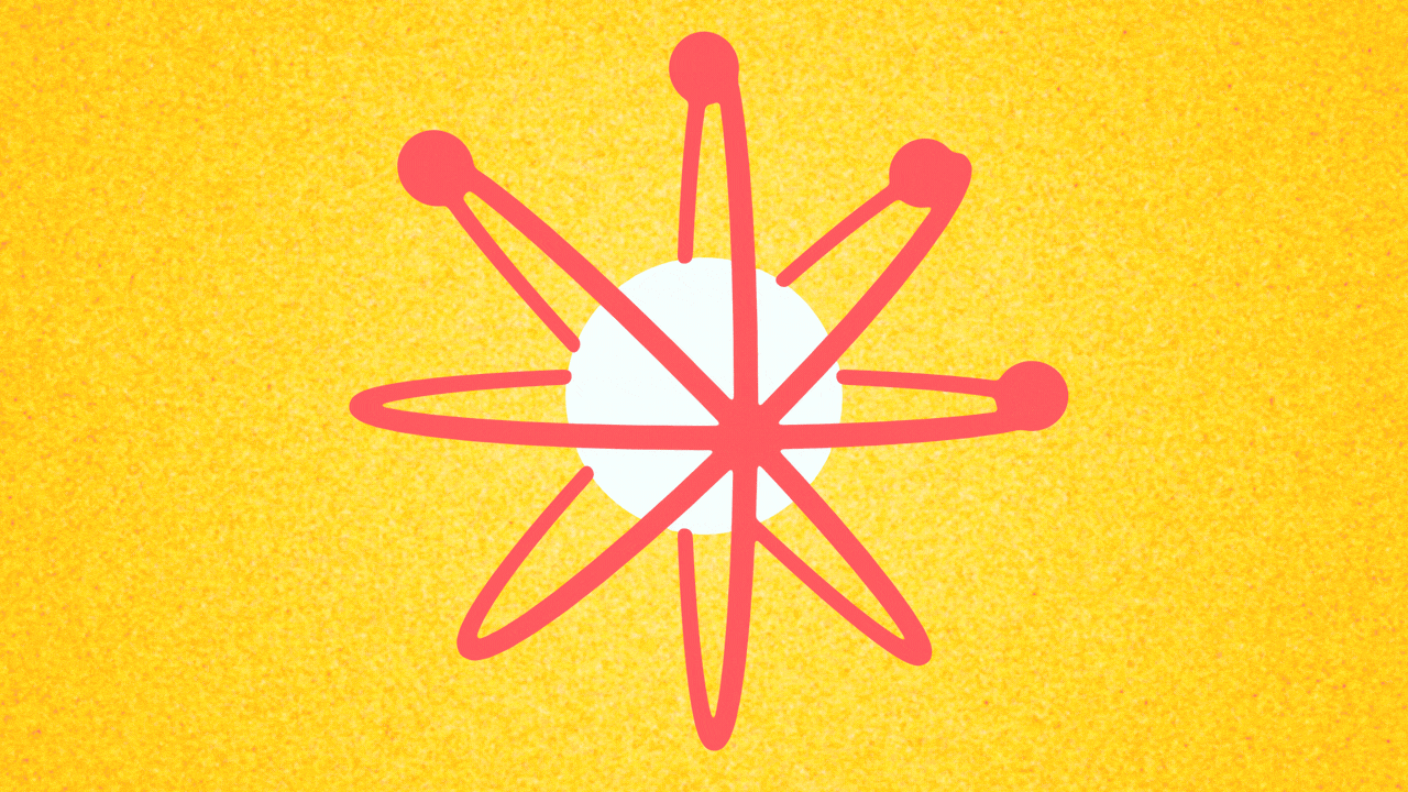 Animated illustration of an atom with particles revolving around it and a nucleus that splits, revealing a dollar sign inside it.