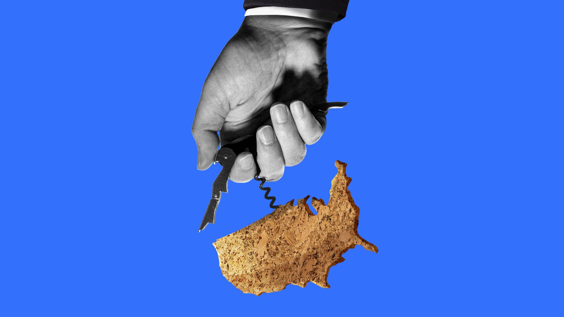 Illustration of a hand in suit holding a wine corkscrew with an America-shaped cork on the end
