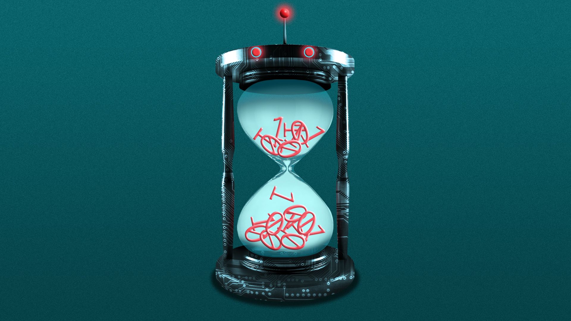 Illustration of a robot-like hourglass with binary code falling inside of it