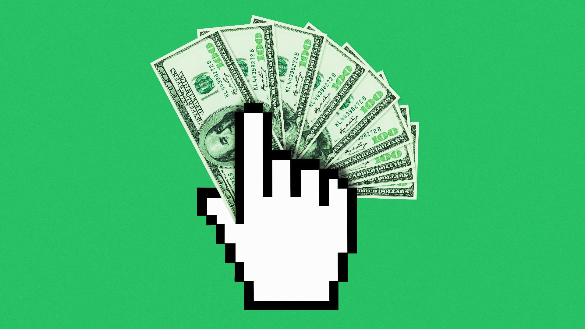 Illustration of a hand cursor holding hundred dollar bills.