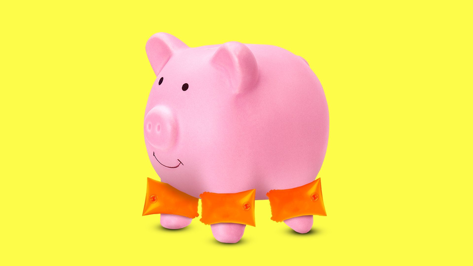 Illustration of a piggy bank wearing floaties on its legs.