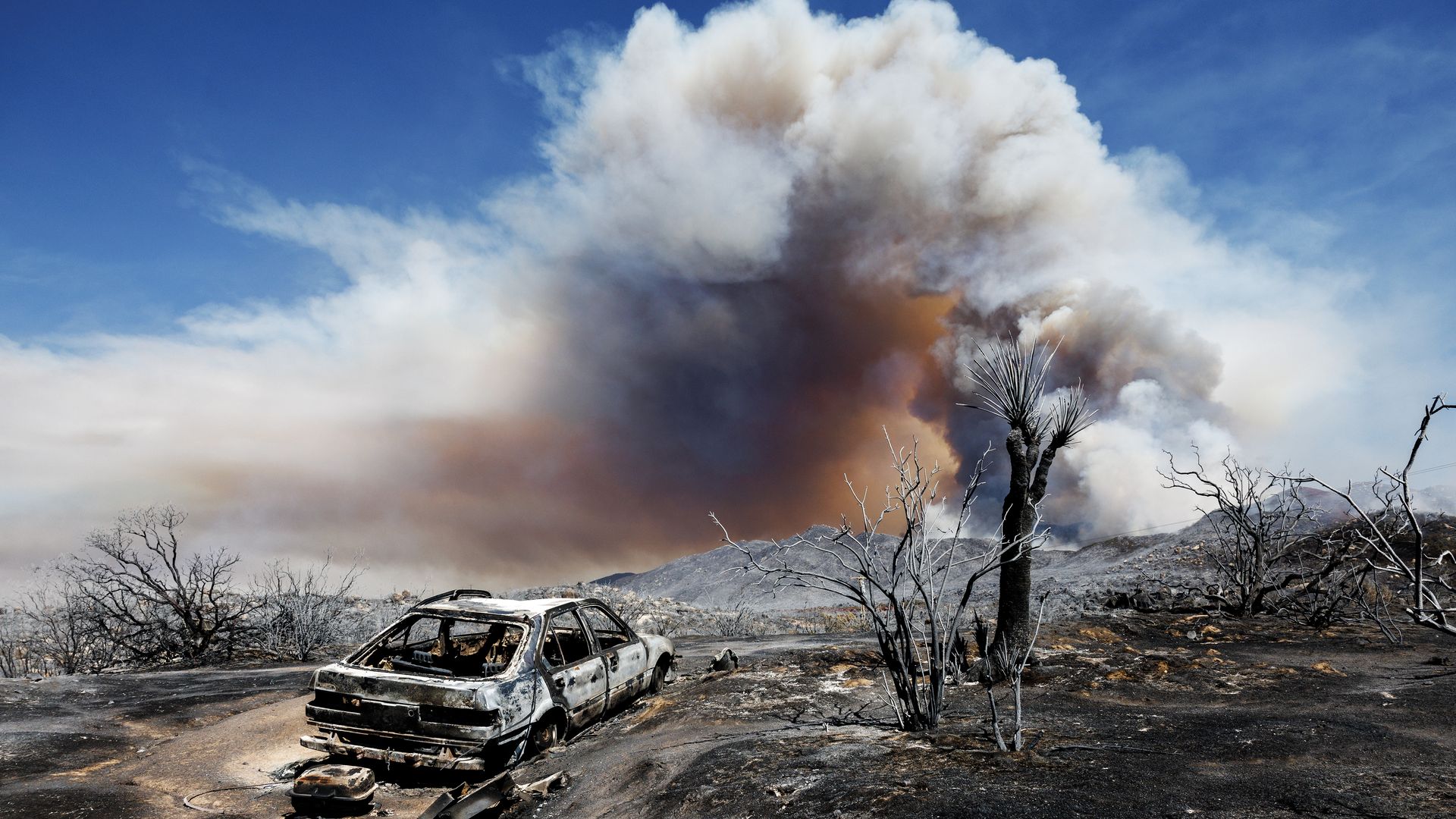The plume from the Nixon fire burns over Beauty Mountain and has left 4,500 acres of burned landscape in its path on July 30, 2024 in Aguanga, California.