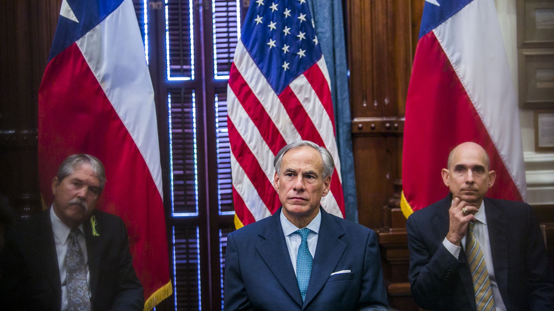 Texas Governor Greg Abbott (C) holds a roundtable discussion with victims, family, and friends affected by the Santa Fe, Texas school shooting