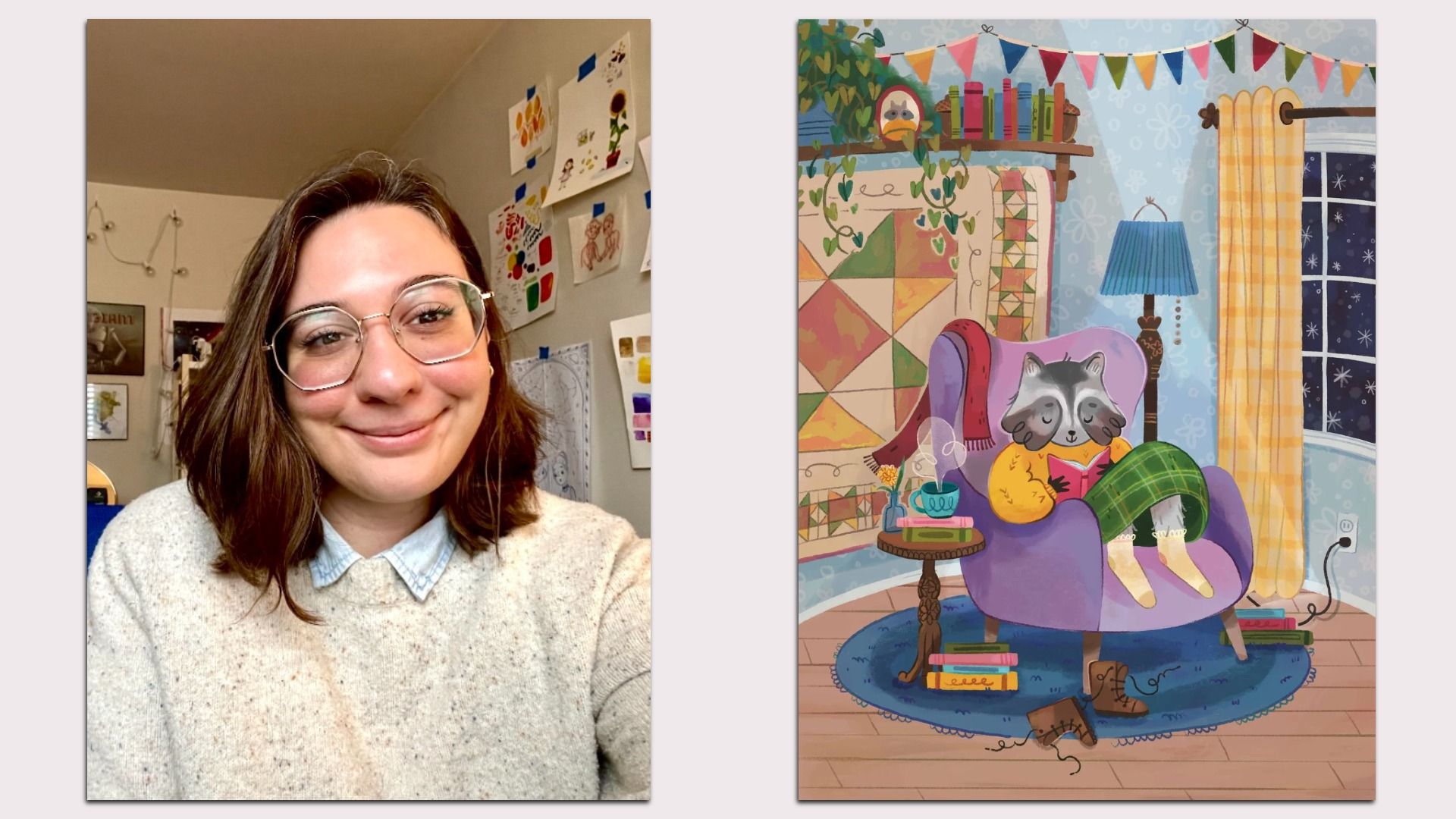Left: a smiling woman with glasses in a cozy room. Right: a colorful illustration of a cat-like creature reading in a purple chair, beside a blue lamp, quilt, plants, and bunting.