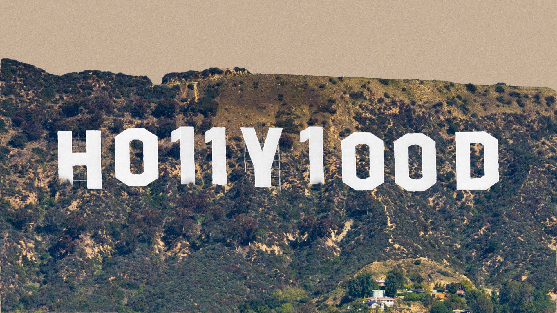 Photo illustration of the Hollywood sign spelled partially with binary code