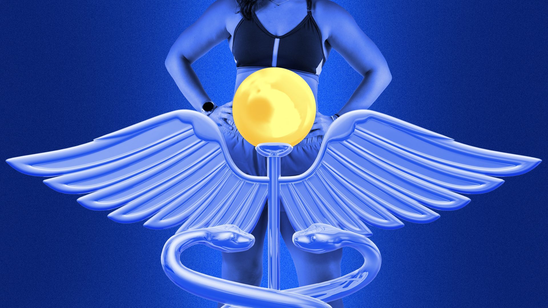 Illustration of a woman with her hands on her hips behind a caduceus with a large yellow ball at the top over her belly 
