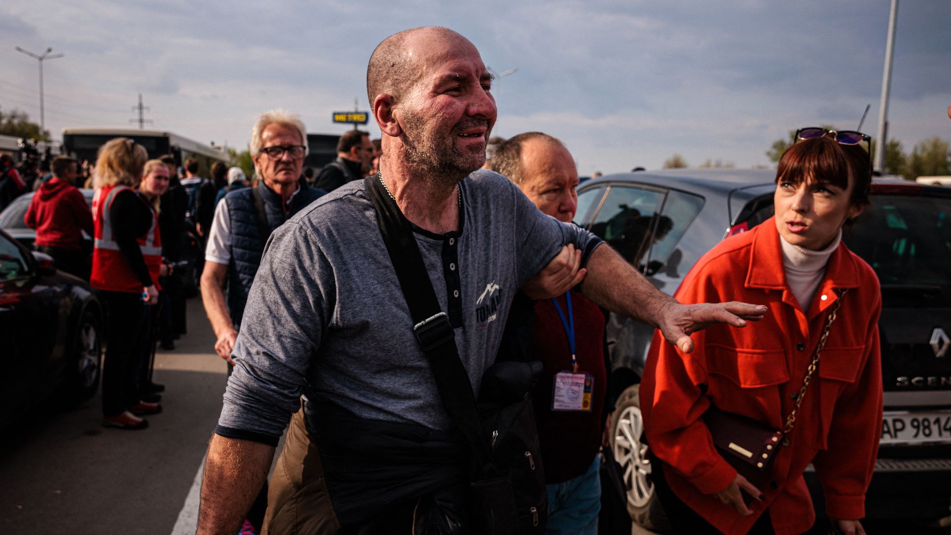 A man arrives from Mariupol at a registration and processing area for internally displaced people in Zaporizhzhia on May 3, 2022.