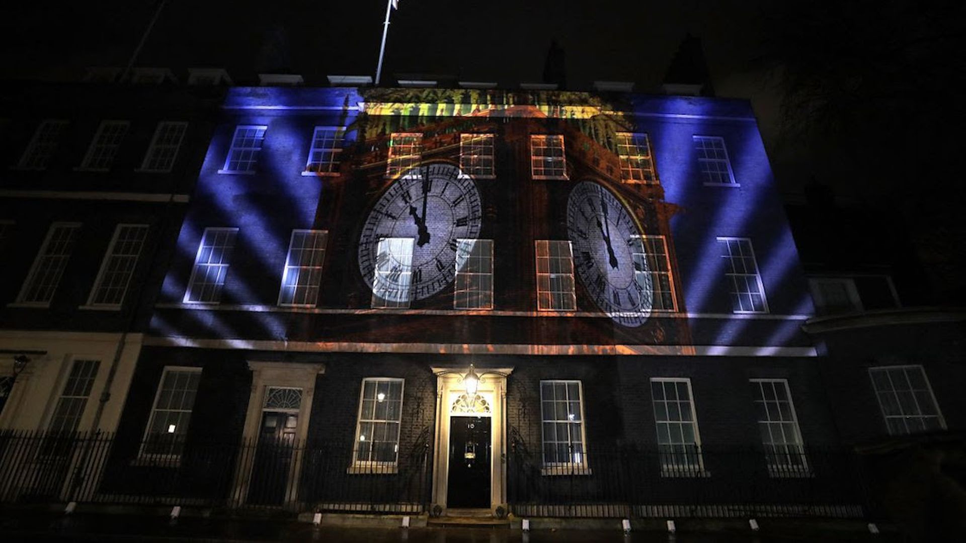 10 Downing Street with the Big Ben projected on it
