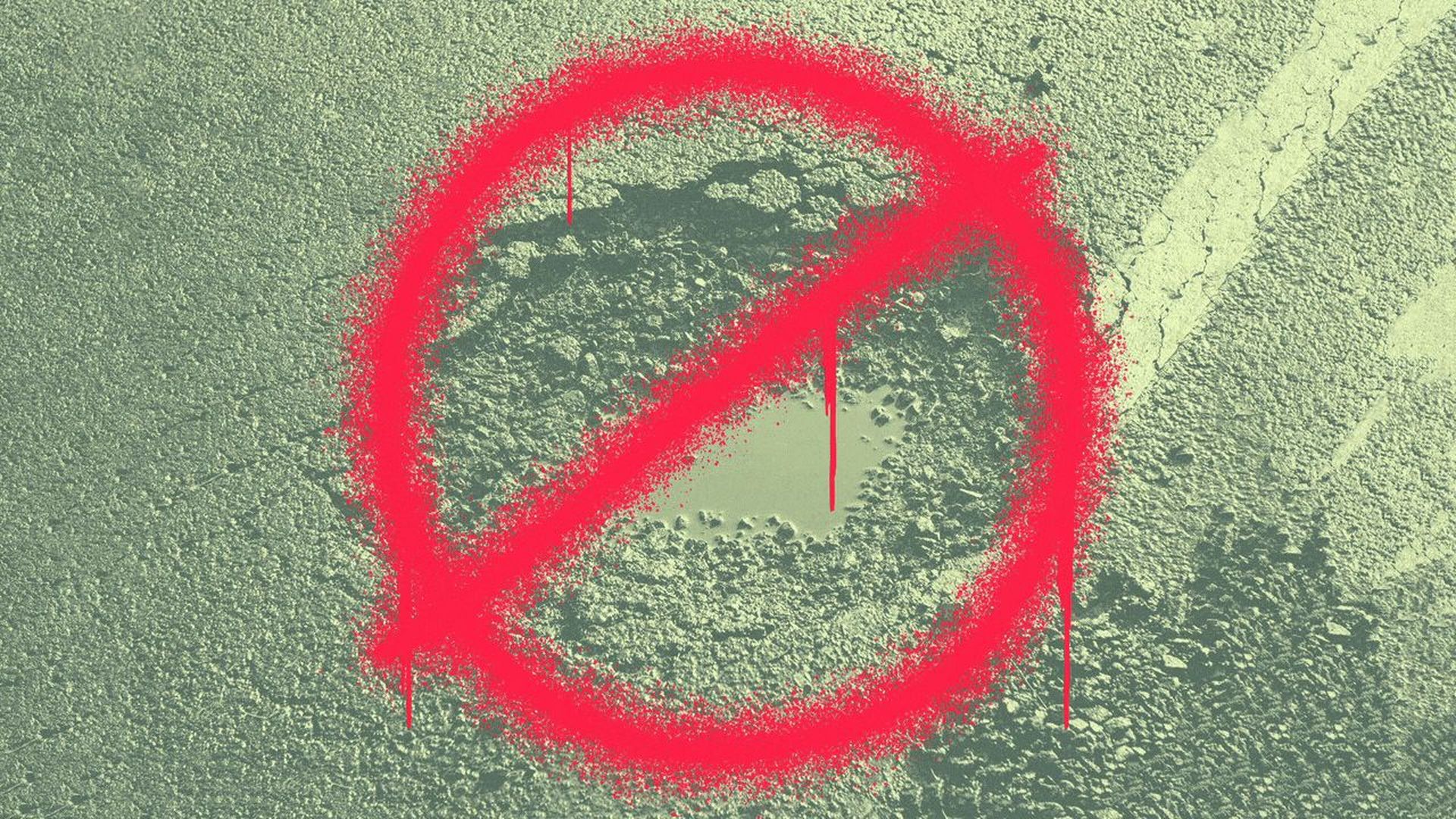 Illustration of a pothole with a spray-painted no sign drawn over it.