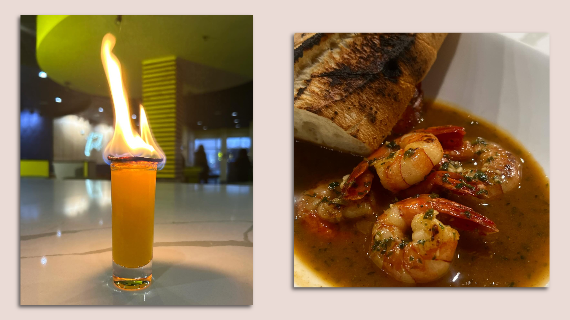 The Mango Shooter and Thai Chili Sauce BBQ Shrimp at Torch. Images: Courtesy of Torch Kitchen & Bar 
