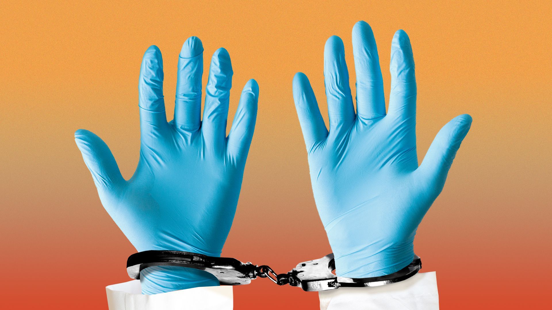 Illustration of a doctor's handcuffed hands wearing medical gloves
