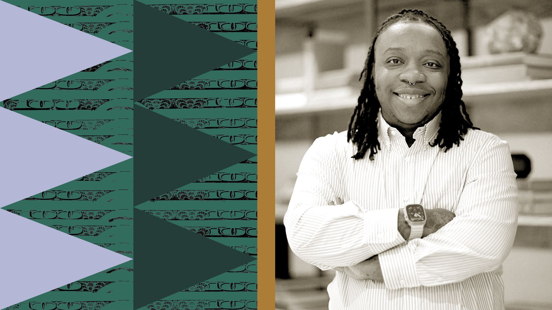 Photo illustration of B. Pagels-Minor with money elements and abstract shapes.
