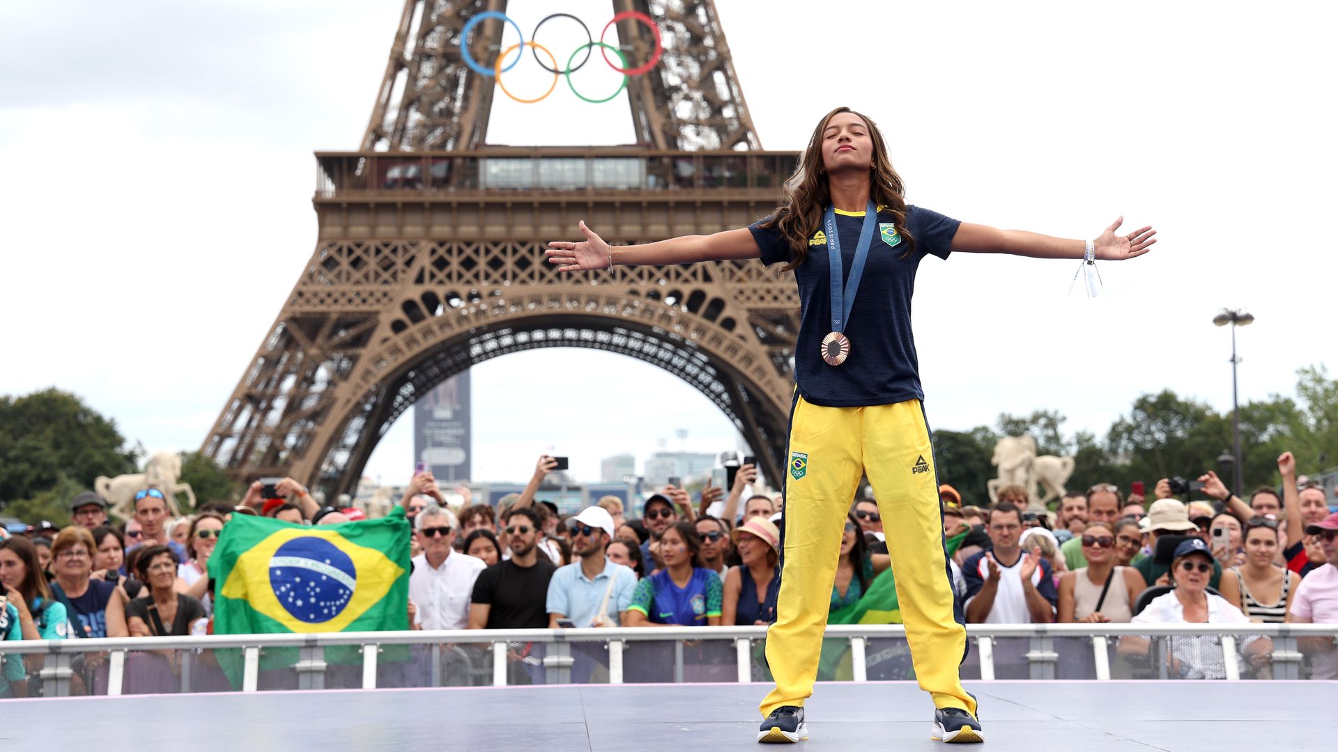 PARIS, FRANCE - AUGUST 09: Street skateboard bronze medalist Rayssa Leal of Team Brazil poses for a photo on day fourteen of the Olympic Games Paris 2024 at Champions Park on August 09, 2024 in Paris, France. (Photo by Pascal Le Segretain/Getty Images)