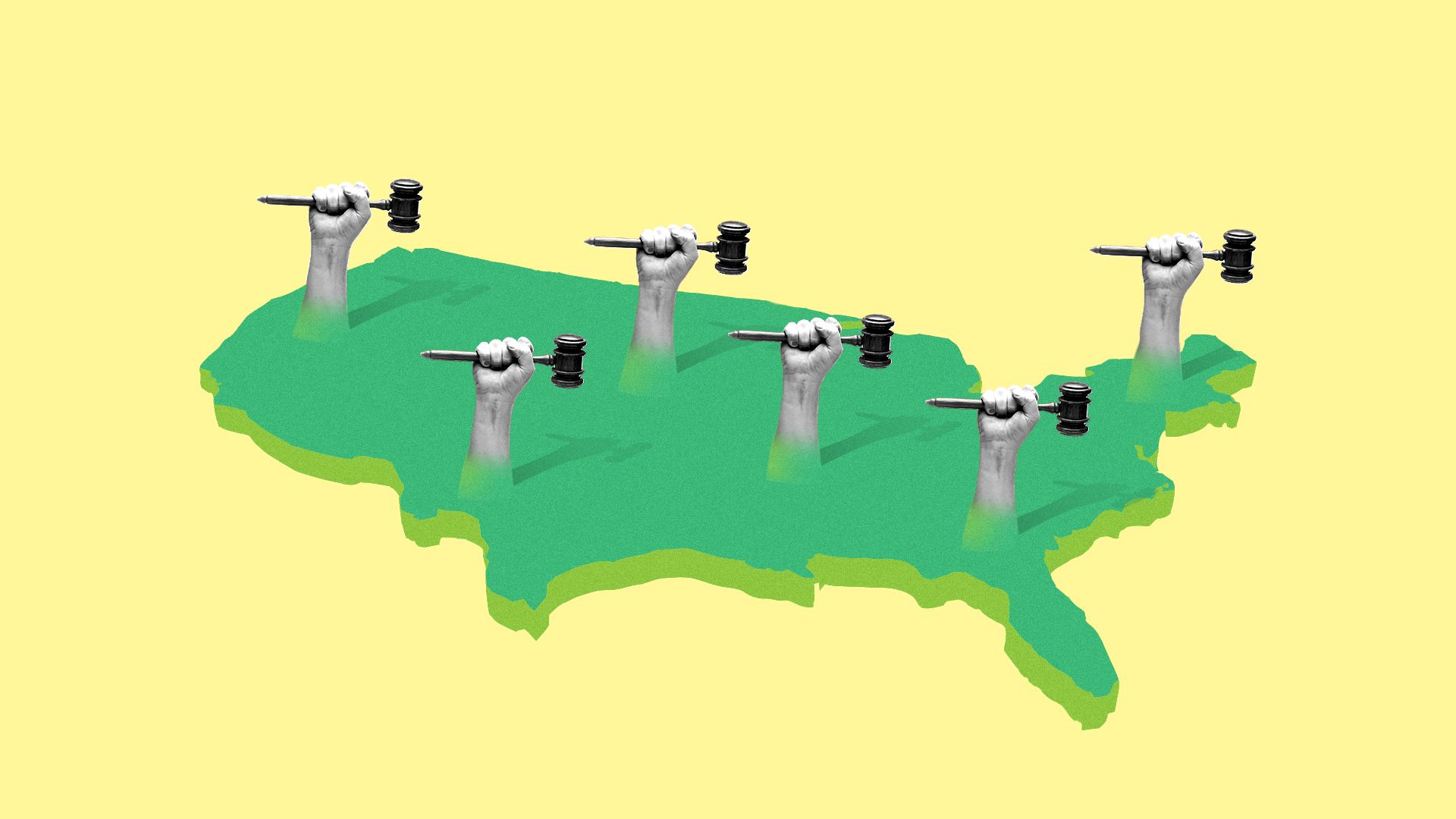 An illustration with a yellow background a a green U.S. map with fists holding gavels sticking out of the map. 